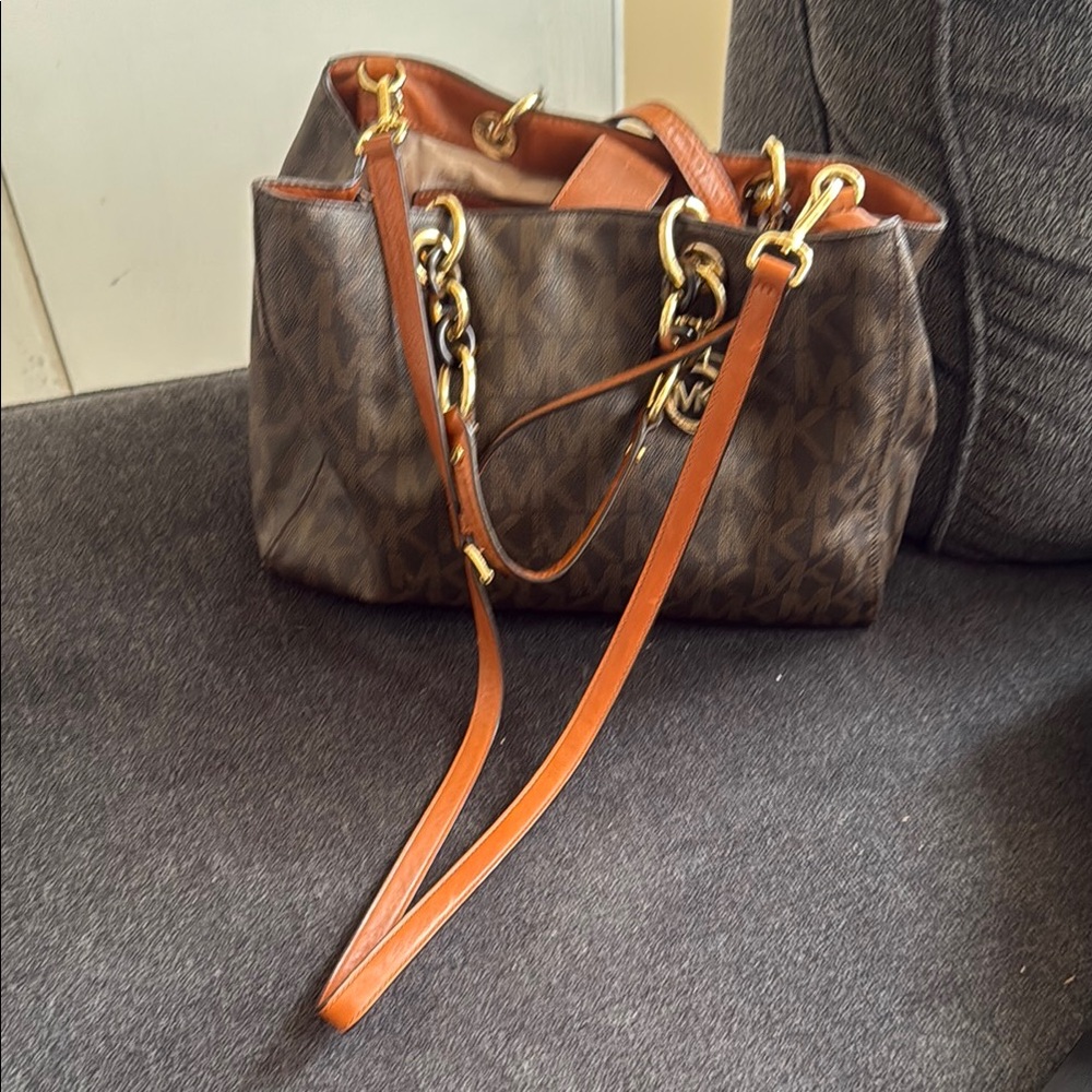 Michael Kors Brown and Tan Shoulder Bag with Gold Accents